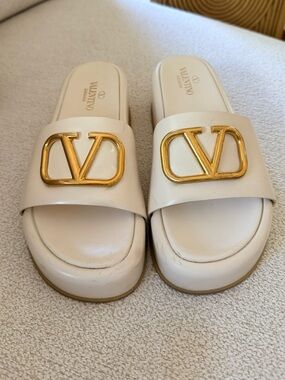 Valentino Cream Leather Logo Slide Sandals with Gold Hardware